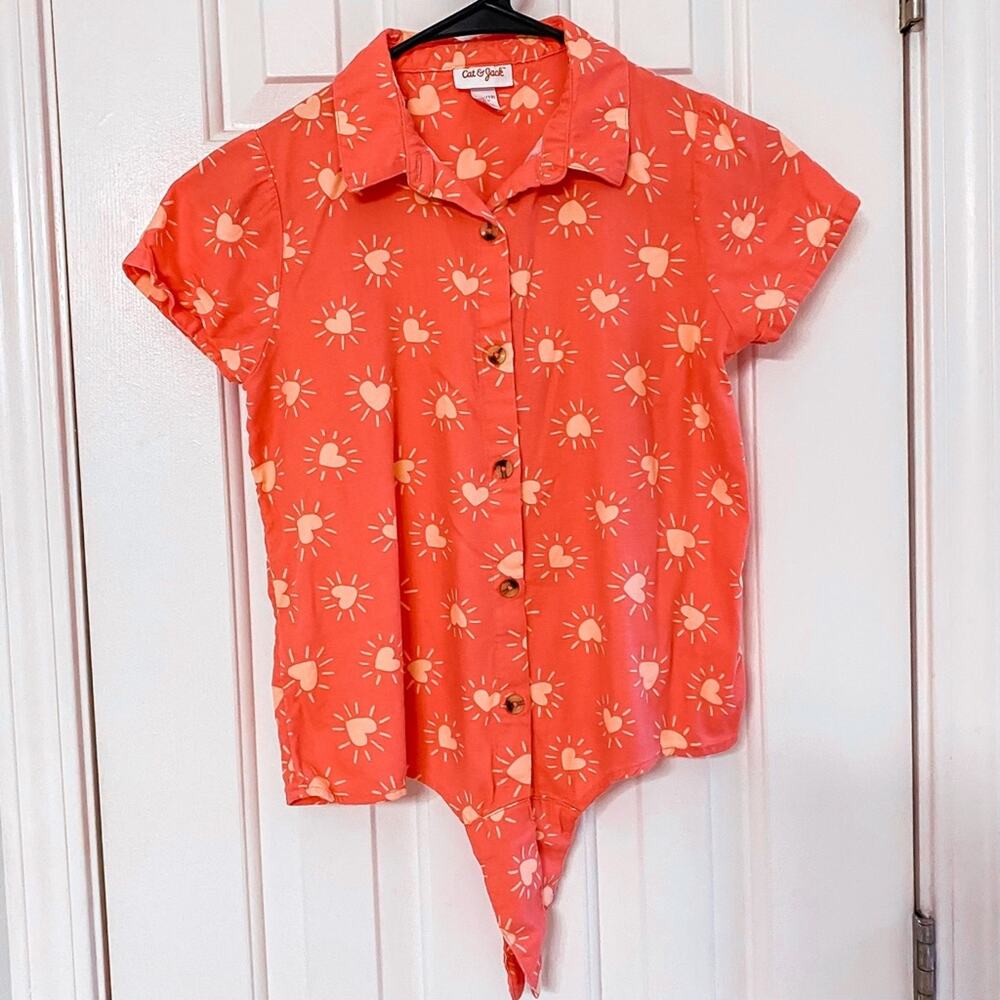 CAT & JACK ⢠Red Orange Heart Print Button Down Tie Front Top
